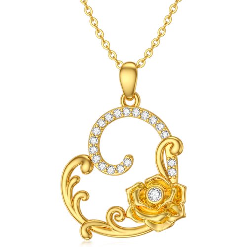 14K Gold Cubic Zirconia Rose Pendant Necklace