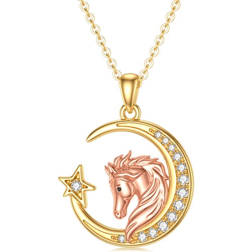 14K Gold & Rose Gold Round Moissanite Horse With Moon Star Pendant Necklace For Women