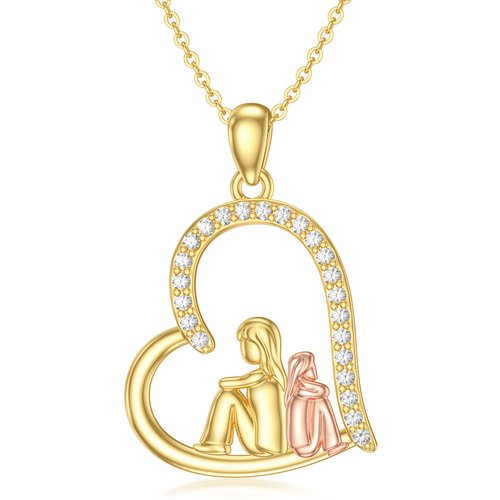 14K Gold Two-Tone Round Cubic Zirconia Mother & Daughter Pendant Necklace