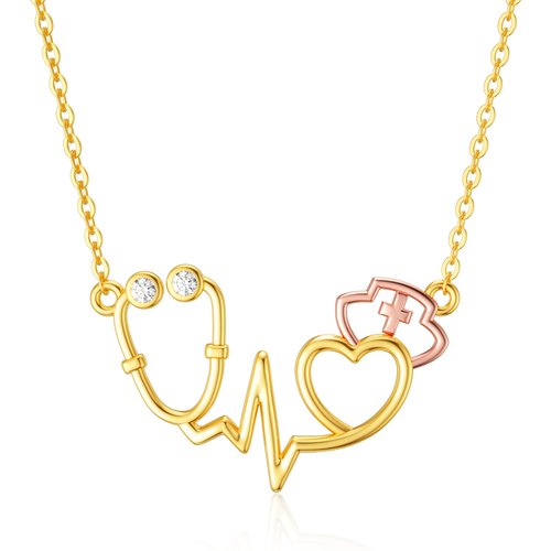 14K Gold Two-Tone Cubic Zirconia Stethoscope Pendant Necklace For Women
