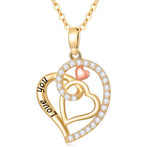 14K Gold Two-Tone Zircon Heart With Heart Pendant Necklace With Engraved Word For Women