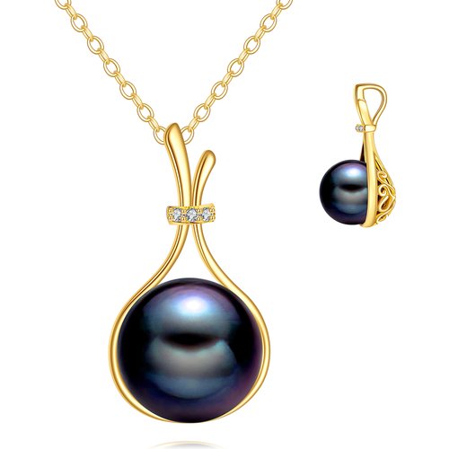 14K Gold Round Black Pearl Pendant Necklace