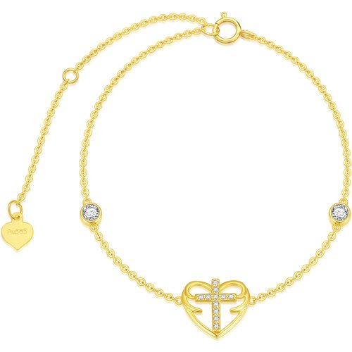 14K Gold Round Cubic Zirconia Cross & Heart Charm Bracelet