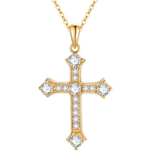 14K Gold Round Cubic Zirconia Cross Pendant Necklace