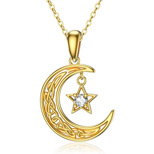 14K Gold Round Crystal Moon Pendant Necklace