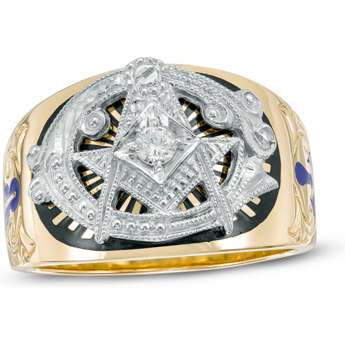 Sterling Silver with Yellow Gold Plated Round Cut Moissanite Freemason Signet Ring for Men