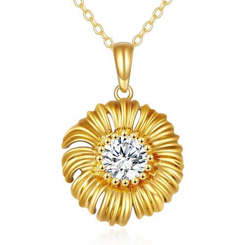 14K Gold Round Cubic Zirconia Daisy Pendant Necklace