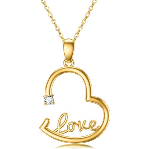 14K Gold Round Diamond Heart Pendant Necklace with Engraved Word