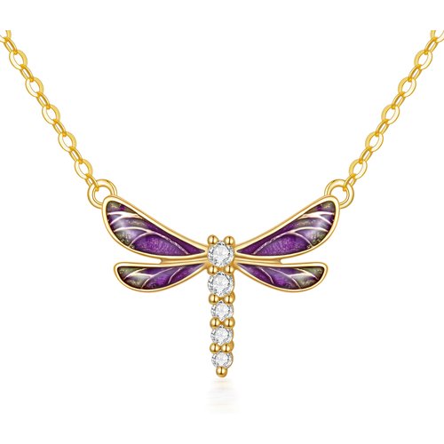 9K Gold Round Cubic Zirconia Dragonfly Pendant Necklace