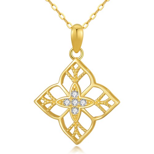 14K Gold Round Cubic Zirconia Four-leaf Clover Pendant Necklace