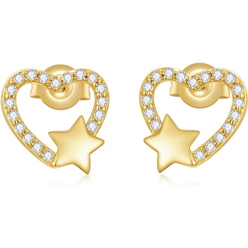 14K Gold Round Cubic Zirconia Heart & Star Stud Earrings