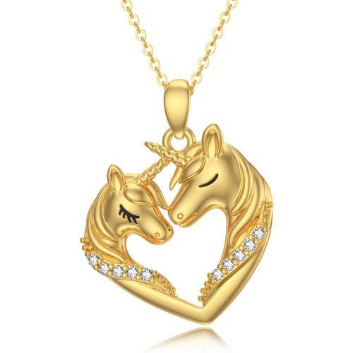 14K Gold Round Cubic Zirconia Heart & Unicorn Pendant Necklace