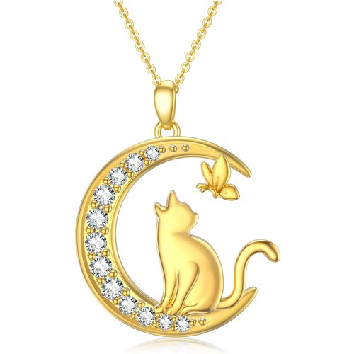 14K Gold Round Moissanite Butterfly With Cat With Moon Pendant Necklace For Women