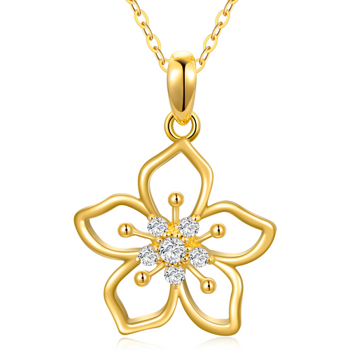 14K Gold Round Moissanite Cherry Blossom Pendant Necklace