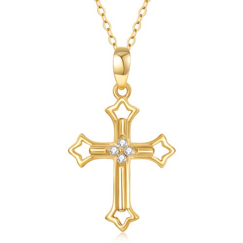 14K Gold Round Moissanite Cross Pendant Necklace