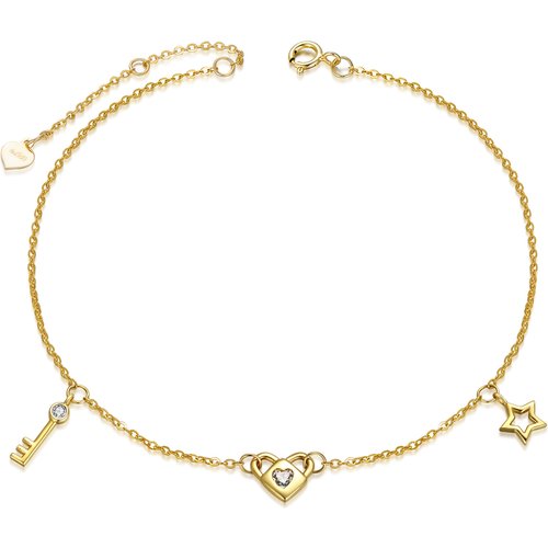 14K Yellow Gold Round Moissanite Heart With Key With Lock With Star Charm Bracelet For Women