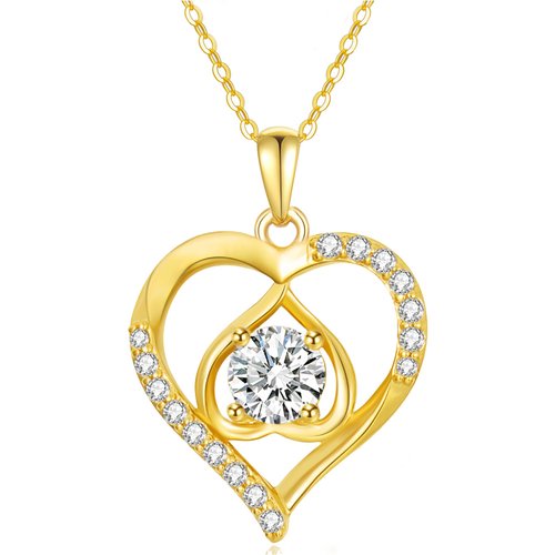 14K Gold Round Moissanite Heart Pendant Necklace