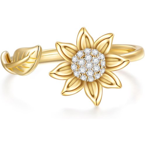 14K Gold Moissanite Sunflower Open Ring Jewelry Gift for Women