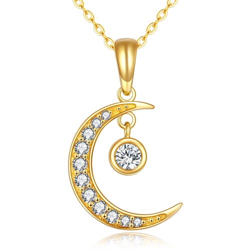 14K Gold Round Cubic Zirconia Moon & Sun Pendant Necklace