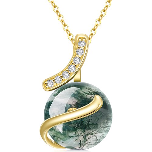 14K Gold Round Moss Agate Pendant Necklace