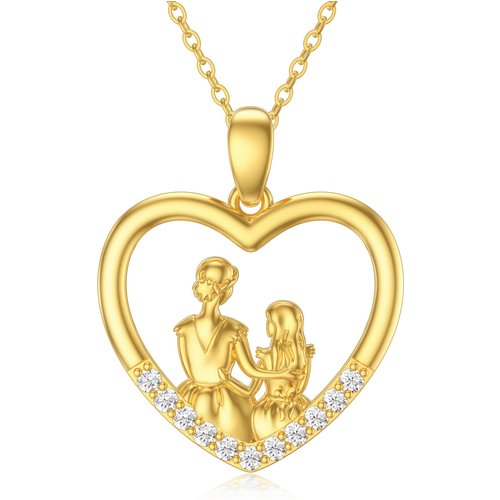 14K Gold Round Cubic Zirconia Mother & Daughter Heart Pendant Necklace
