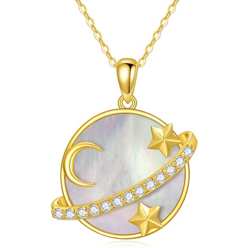 14K Gold Round Mother Of Pearl Moon & Planet With Star Pendant Necklace For Women
