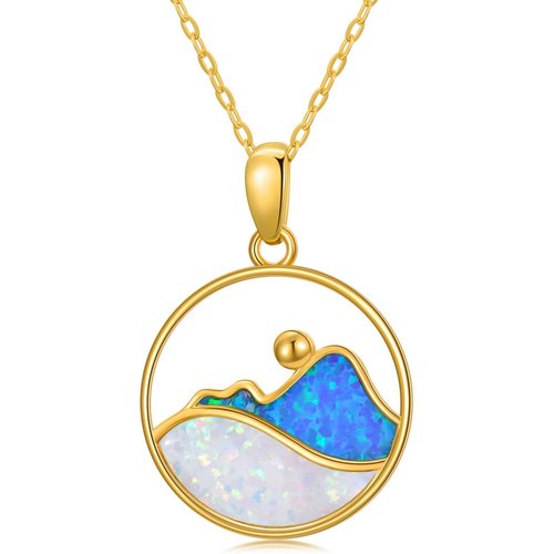 14K Gold Round Opal Mountains Pendant Necklace