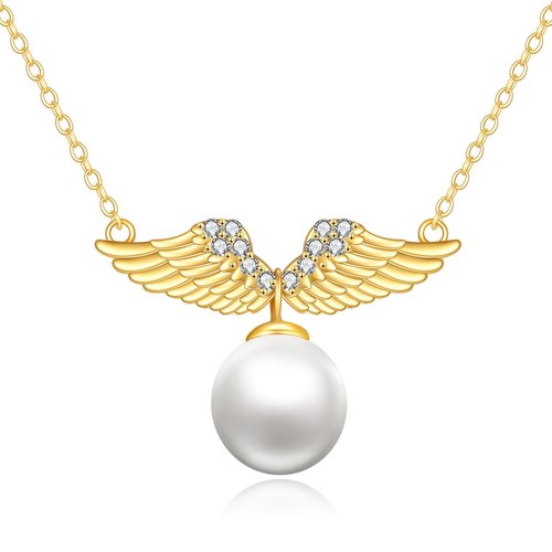 14K Gold Round Pearl Angel Wings Pendant Necklace