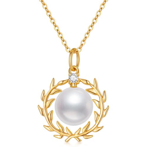 14K Gold Round Cubic Zirconia & Pearl Bead Pendant Necklace