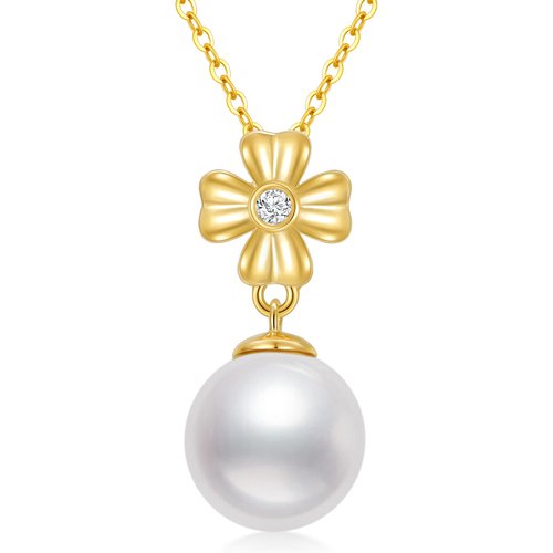 14K Gold Round Pearl Cross Pendant Necklace