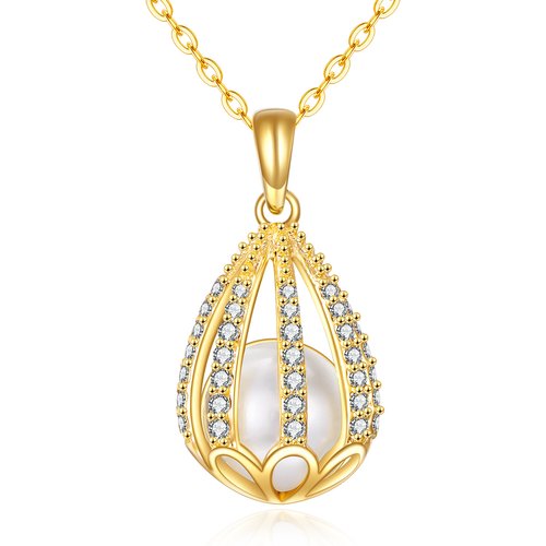 14K Gold Round Cubic Zirconia & Pearl Drop Shape Pendant Necklace