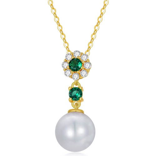 14K Gold Round Pearl & Emerald Round Pendant Necklace For Women
