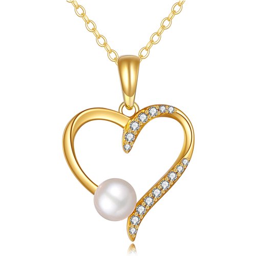 14K Gold Round Cubic Zirconia & Pearl Heart Pendant Necklace