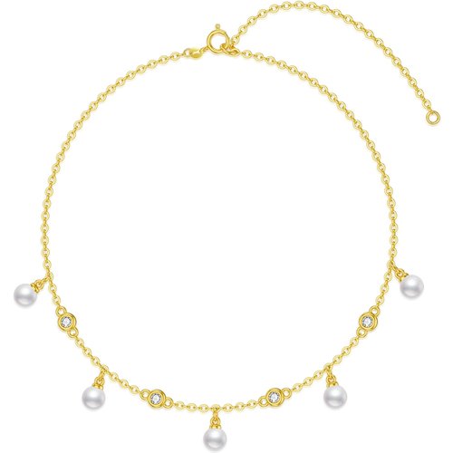 14K Gold Round Cubic Zirconia & Pearl Metal Choker Necklace