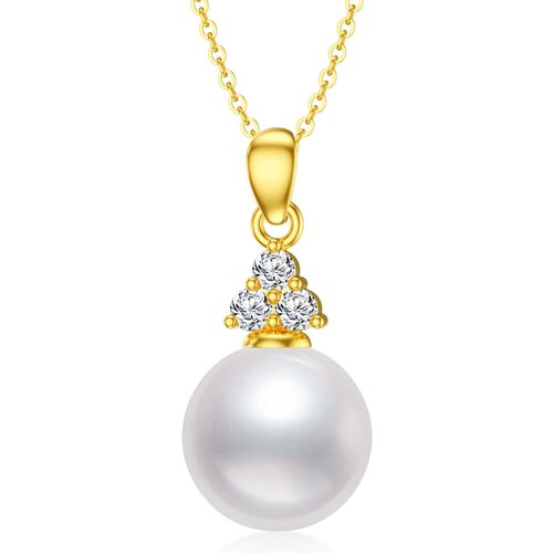 14K Gold Round Pearl Zircon Pendant Necklace For Women