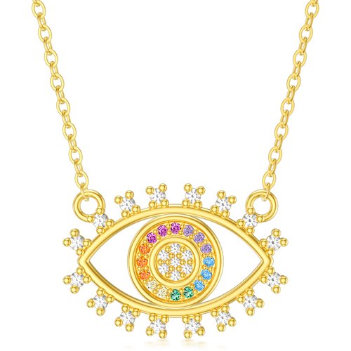 14K Gold Round Cubic Zirconia Rainbow Pendant Necklace