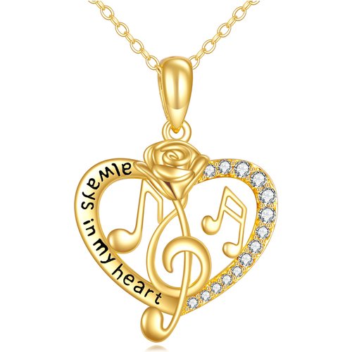 14K Gold Round Cubic Zirconia Rose & Heart & Music Symbol Pendant Necklace with Engraved Word