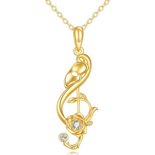 14K Gold Round Cubic Zirconia Rose & Music Symbol Pendant Necklace