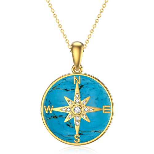 14K Gold Round Turquoise Compass Pendant Necklace