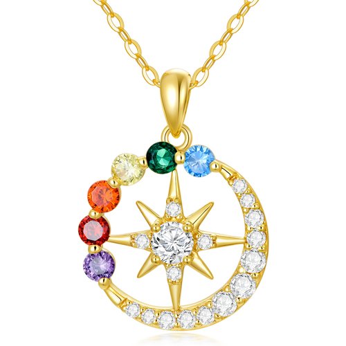14K Gold Round Zircon Chakras Moon Sun Pendant Necklace For Women