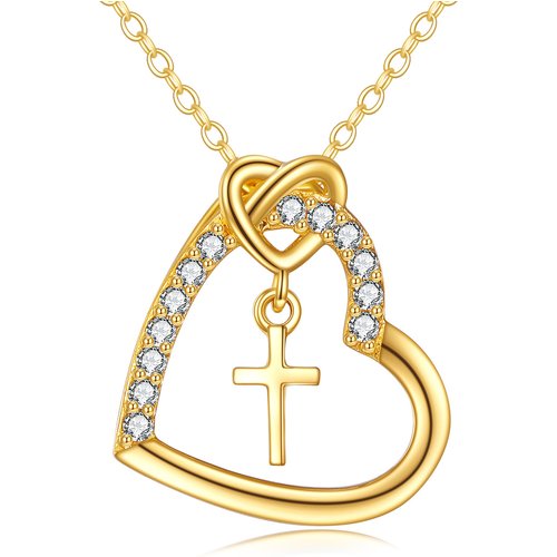 14K Gold Round Zircon Cross & Heart Pendant Necklace