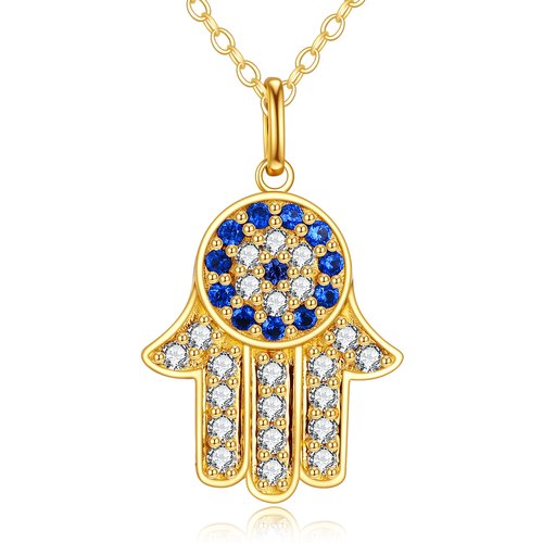 14K Gold Round Zircon Evil Eye & Hamsa Hand Pendant Necklace