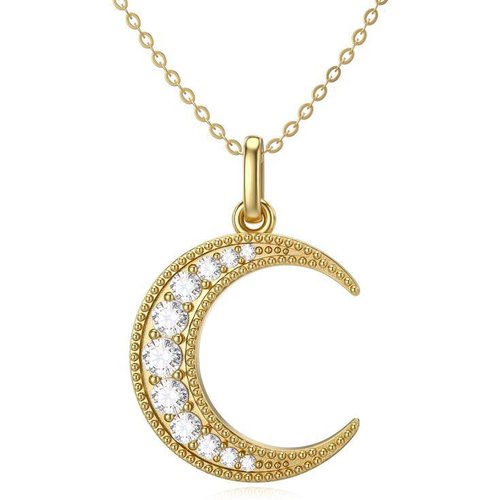 14K Gold Round Zircon Moon Pendant Necklace