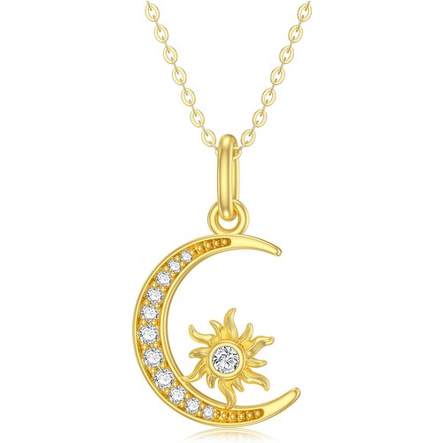 14K Gold Round Zircon Moon & Sun Pendant Necklace