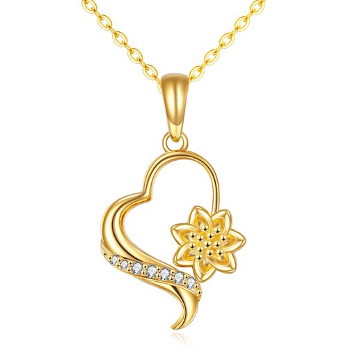 14K Gold Round Zircon Sunflower & Heart Pendant Necklace