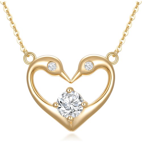 14K Gold Round Zircon Swan & Heart Pendant Necklace