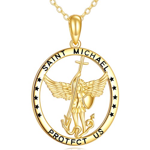 14K Gold Saint Michael Pendant Necklace with Engraved Word
