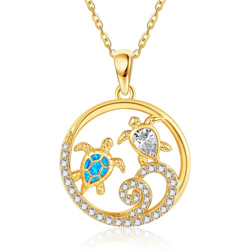 14K Gold Cubic Zirconia Sea Turtle Pendant Necklace