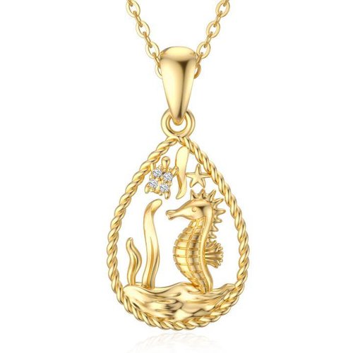 14K Gold Cubic Zirconia Seahorse & Starfish Pendant Necklace For Women