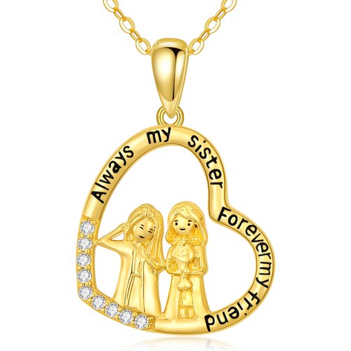 14K Gold Cubic Zirconia Sisters & Heart Pendant Necklace